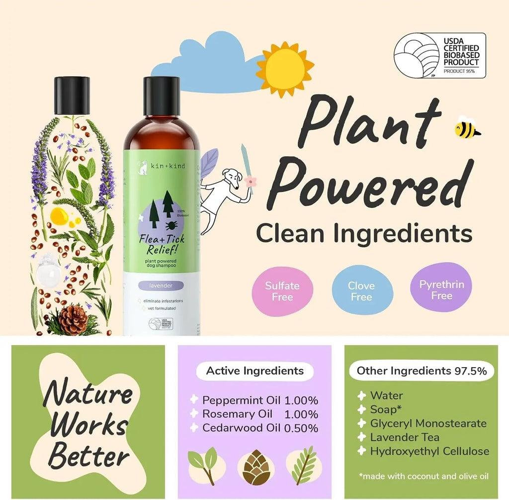 Kin+Kind Flea & Tick Dog Shampoo – Plant-Based Lavender Treatment, 12 oz