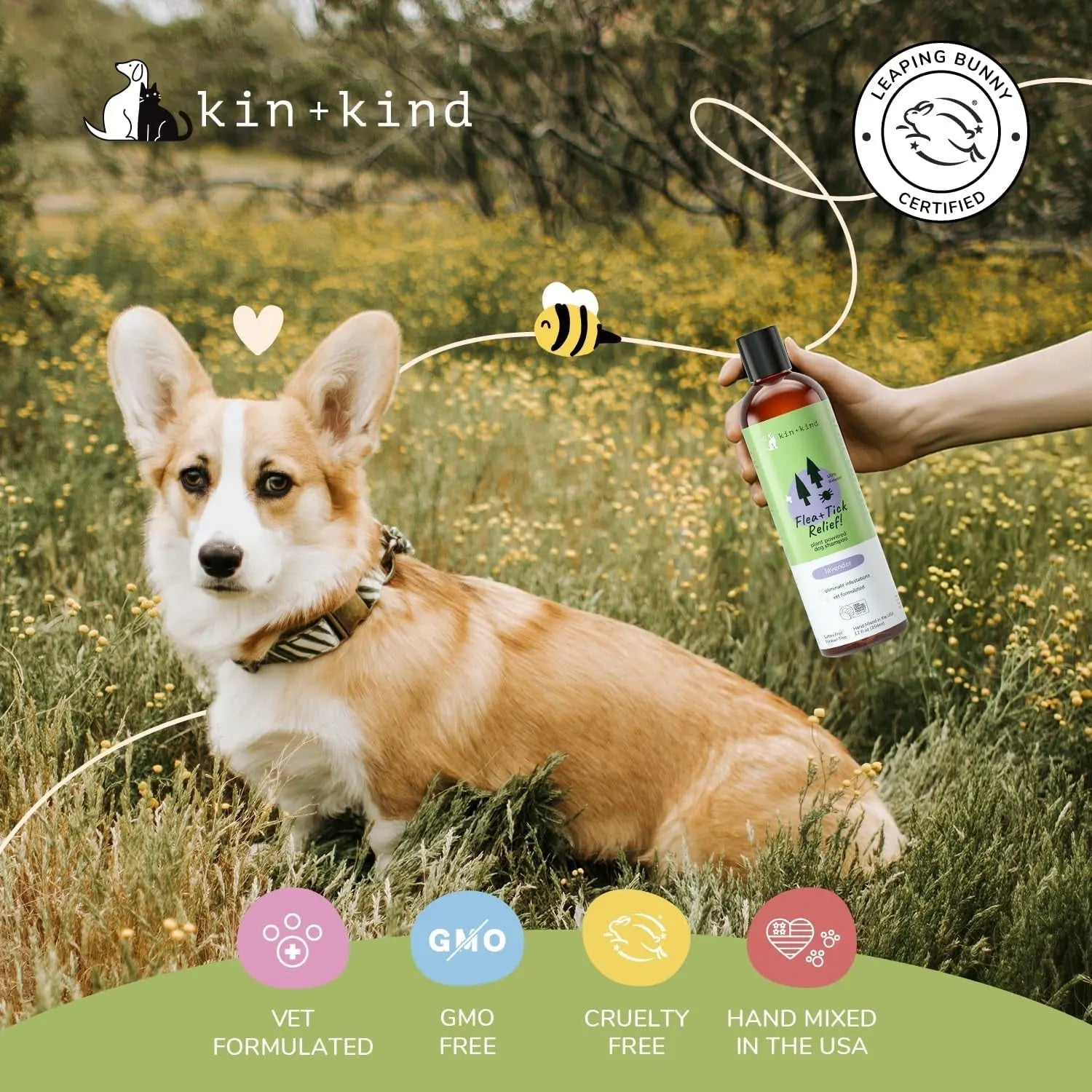 Kin+Kind Flea & Tick Dog Shampoo – Plant-Based Lavender Treatment, 12 oz